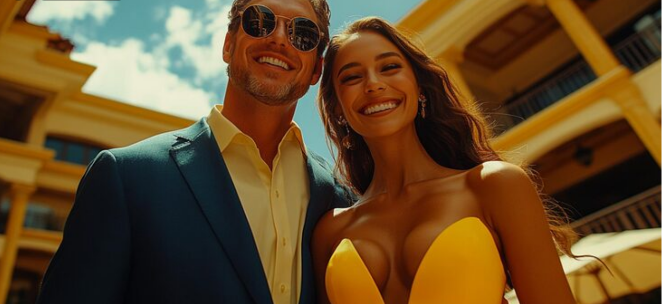 Stylish adult couple enjoying a sunny city setting